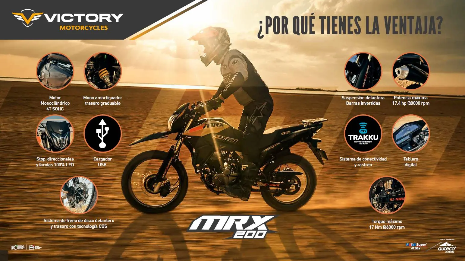 Atributos moto doble propósito Victory MRX 200