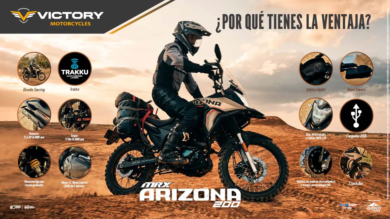 Atributos moto doble propósito Victory MRX Arizona